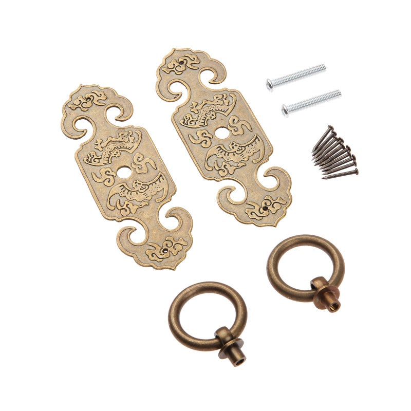 dophee 2PCS Vintage Style Brass Ring Pulls, Chinese Style Cabinet Handles Knobs with Screws for Kitchen Cupboard Closet Wardrobe Drawer Dresser Door, Antique Brass, 3.94"x1.26" - Image 2